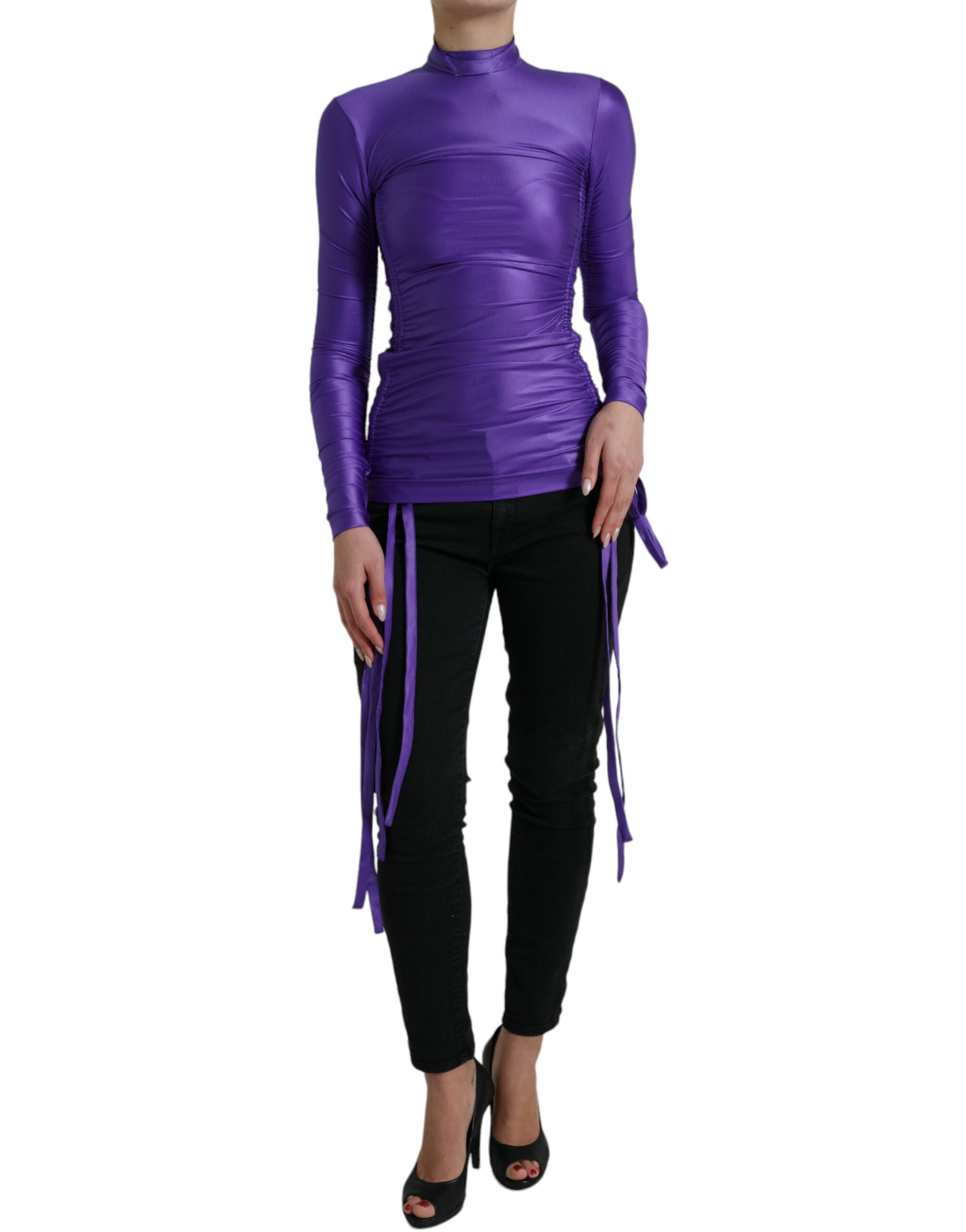 Lila Stretch-Nylon-Top mit langen Ärmeln und schmaler Passform