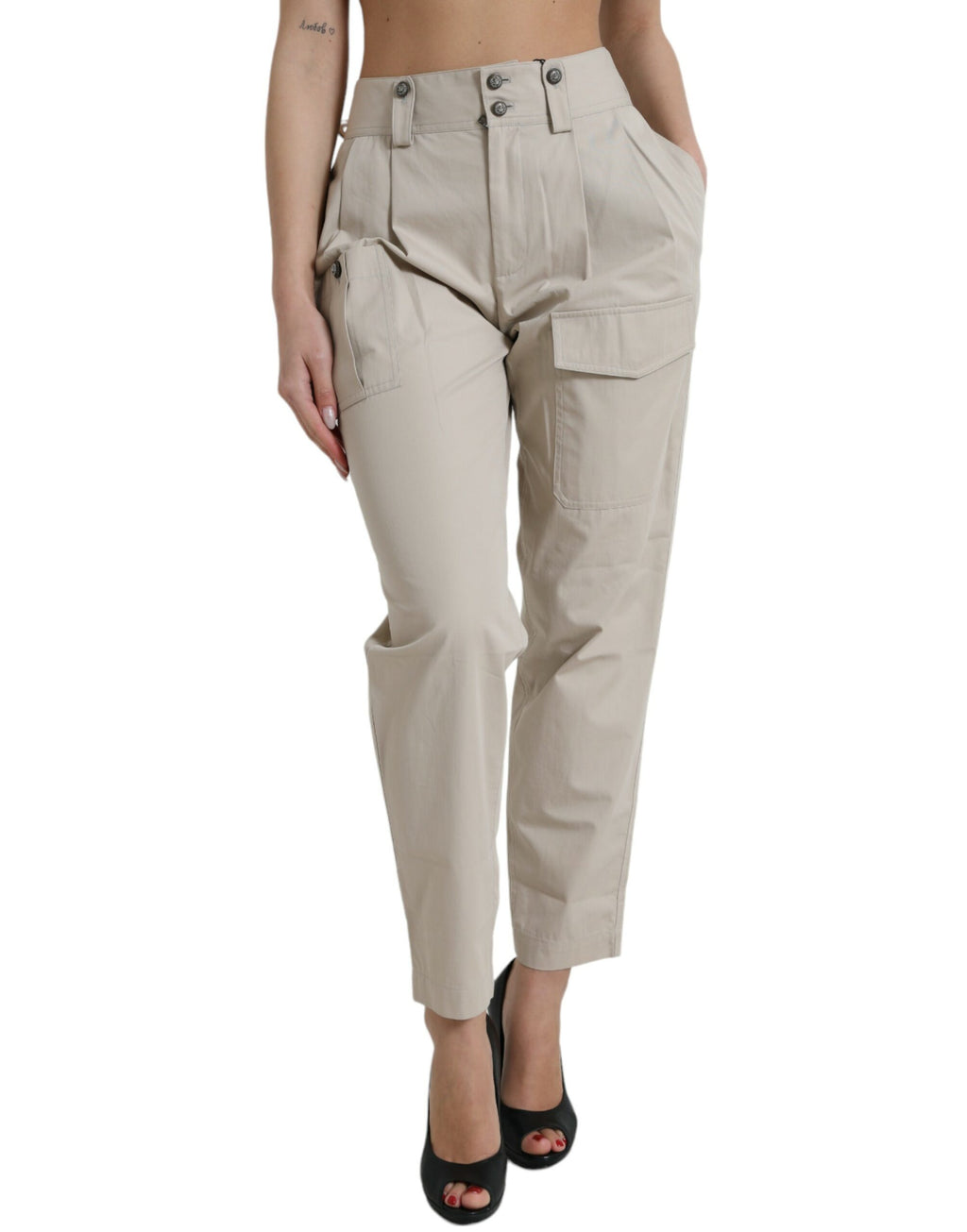 Beige High Waist Hose aus Baumwolle mit schmal zulaufendem Bein
