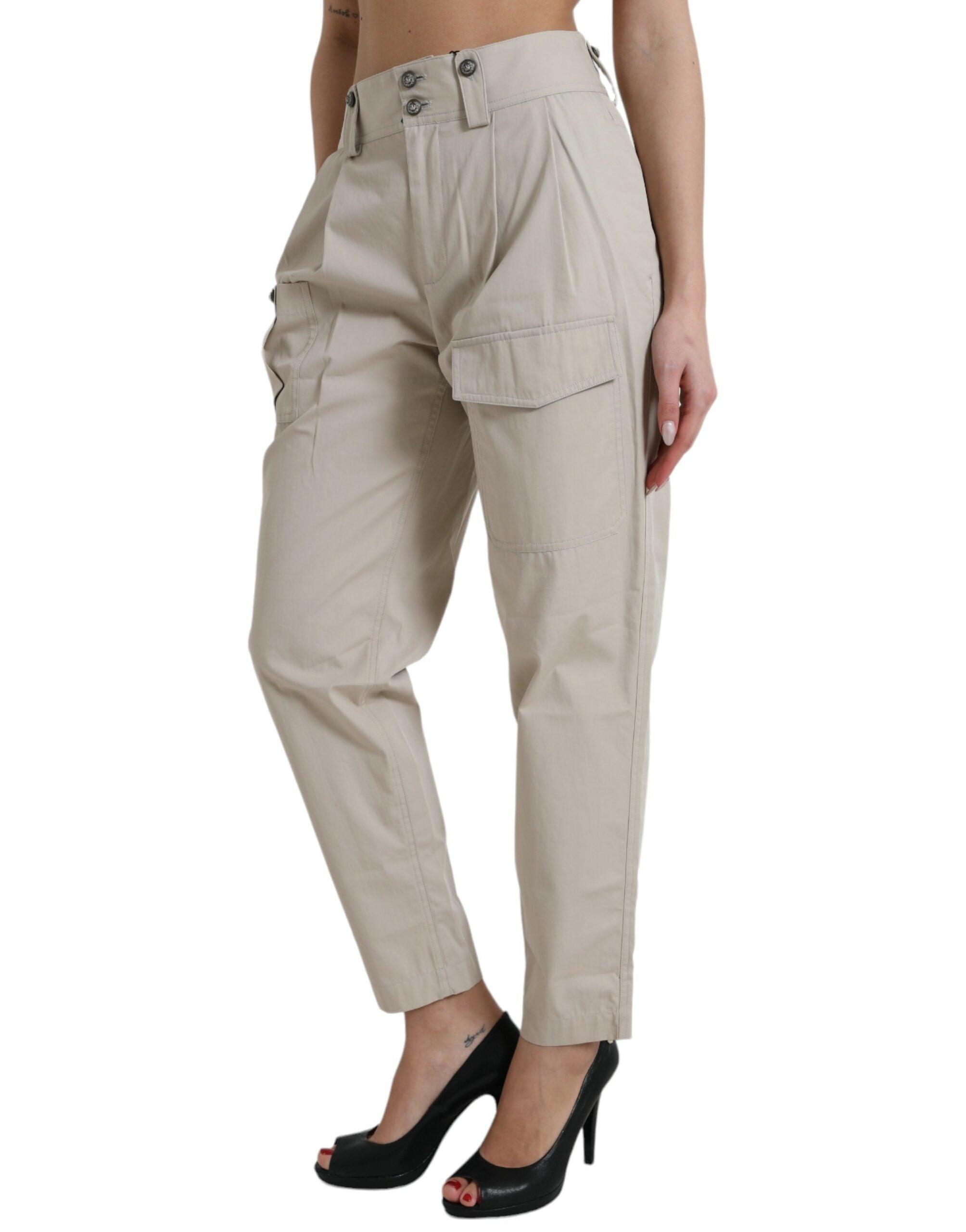 Beige High Waist Hose aus Baumwolle mit schmal zulaufendem Bein