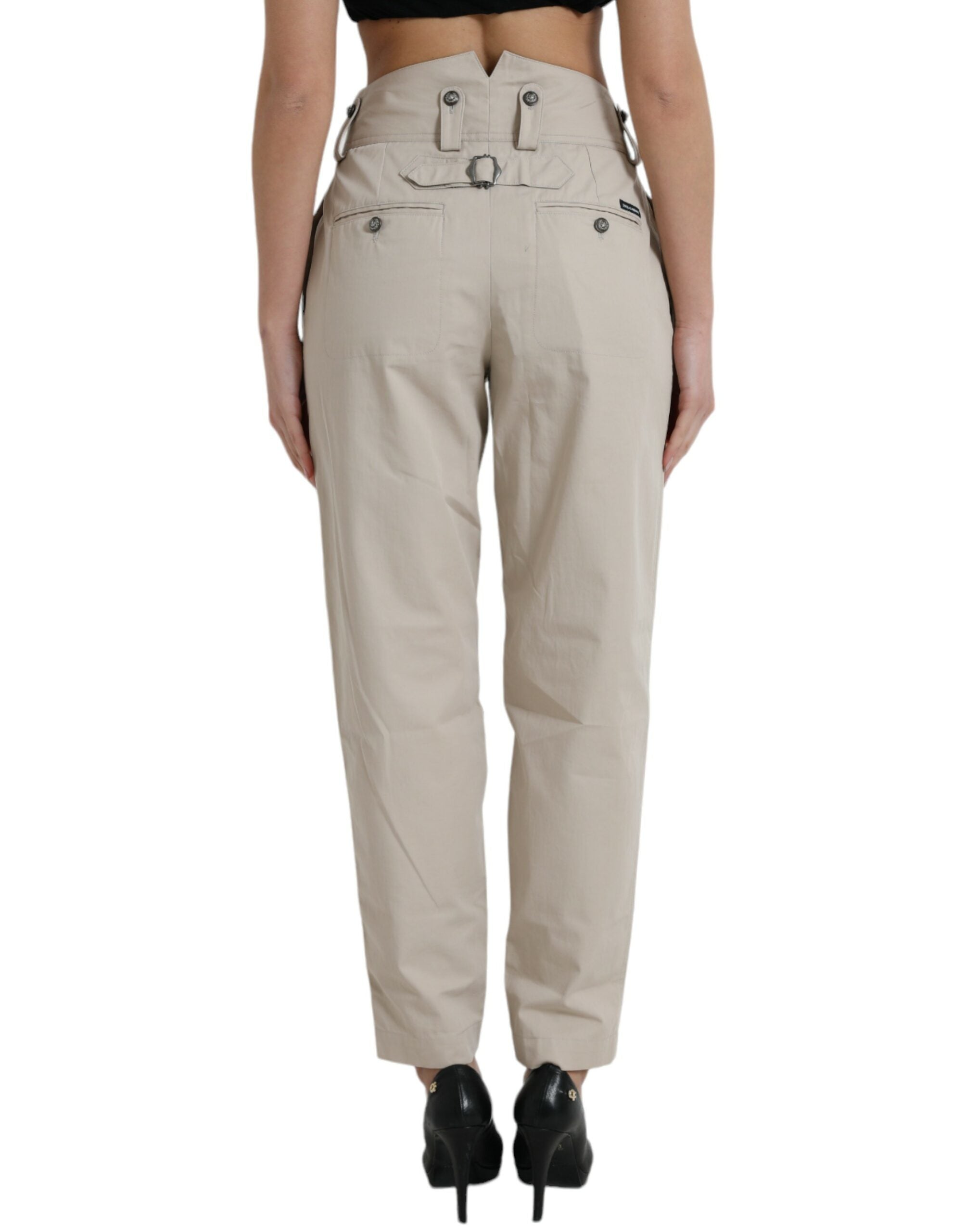 Beige High Waist Hose aus Baumwolle mit schmal zulaufendem Bein