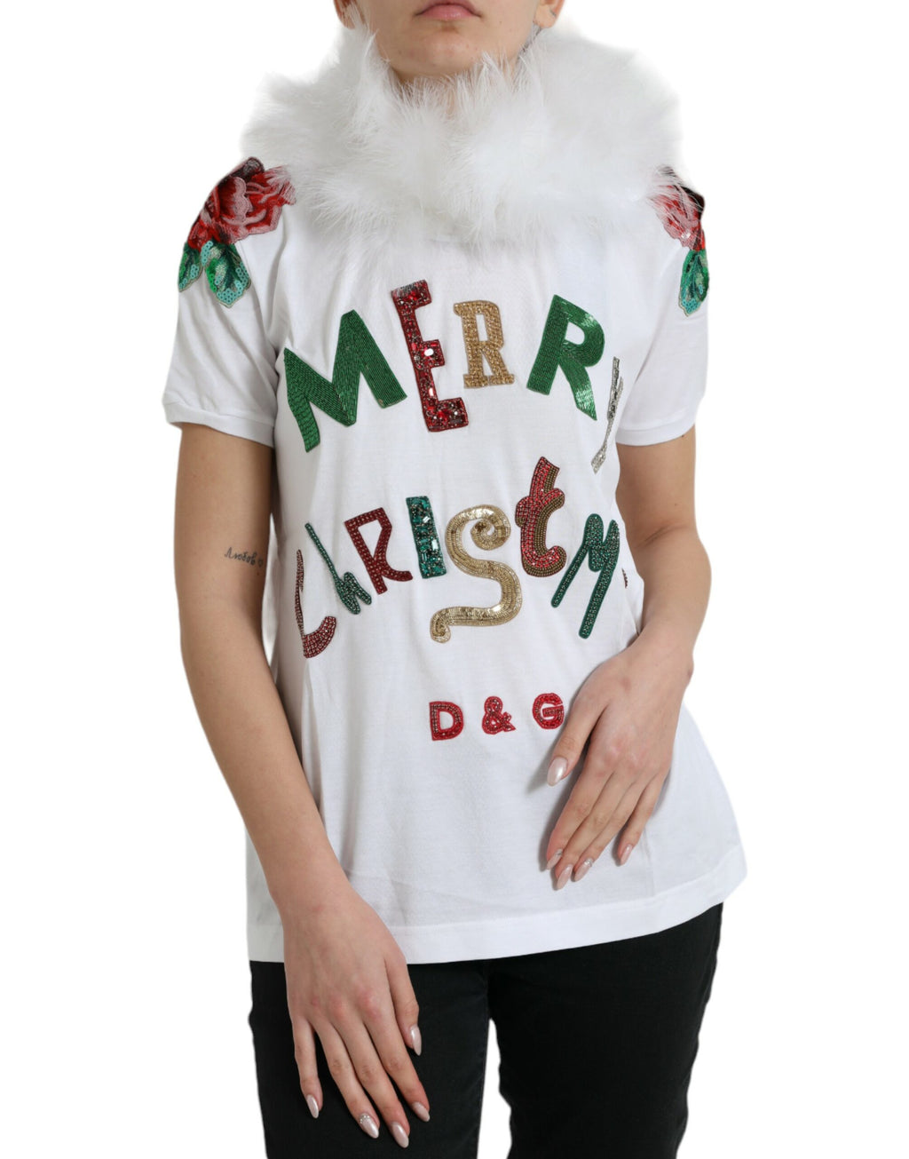 Weißes Weihnachts-T-Shirt aus Baumwolle mit Pailletten und Fellbesatz