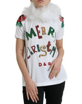 Weißes Weihnachts-T-Shirt aus Baumwolle mit Pailletten und Fellbesatz