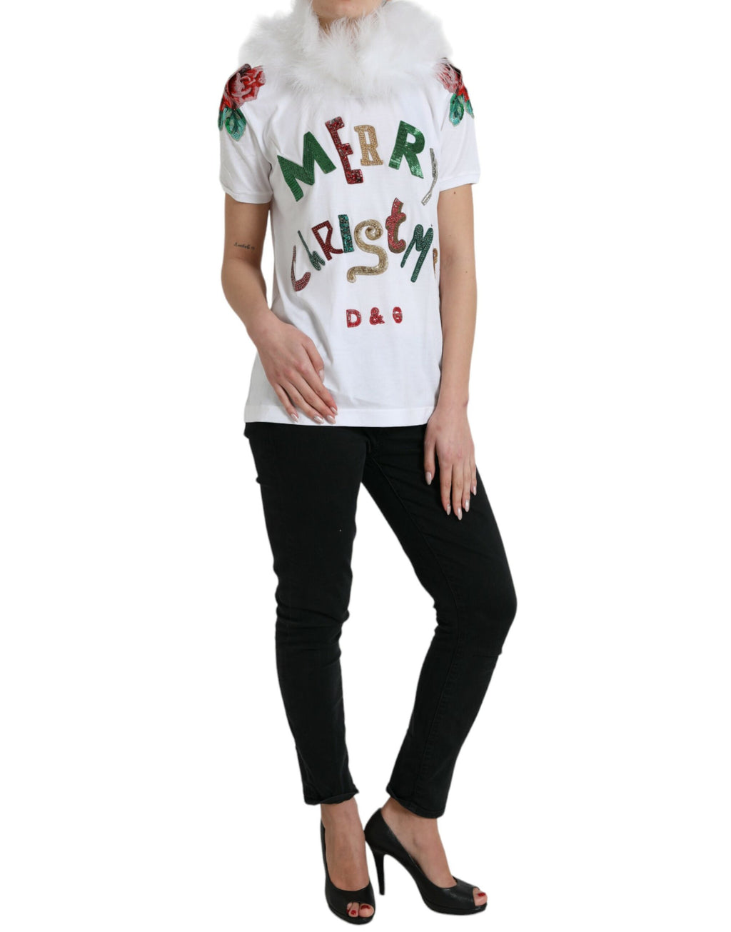 Weißes Weihnachts-T-Shirt aus Baumwolle mit Pailletten und Fellbesatz