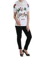 Weißes Weihnachts-T-Shirt aus Baumwolle mit Pailletten und Fellbesatz