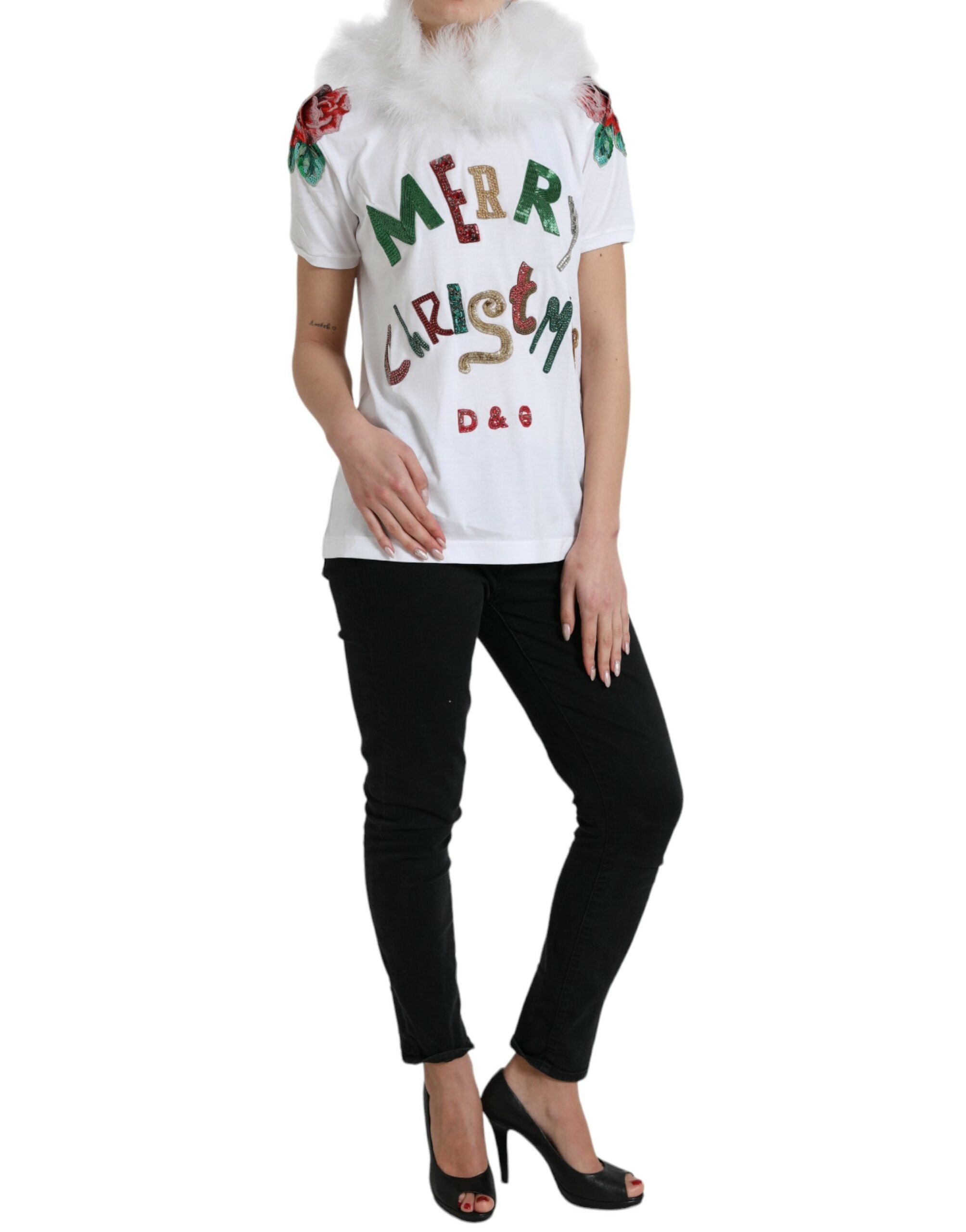Weißes Weihnachts-T-Shirt aus Baumwolle mit Pailletten und Fellbesatz