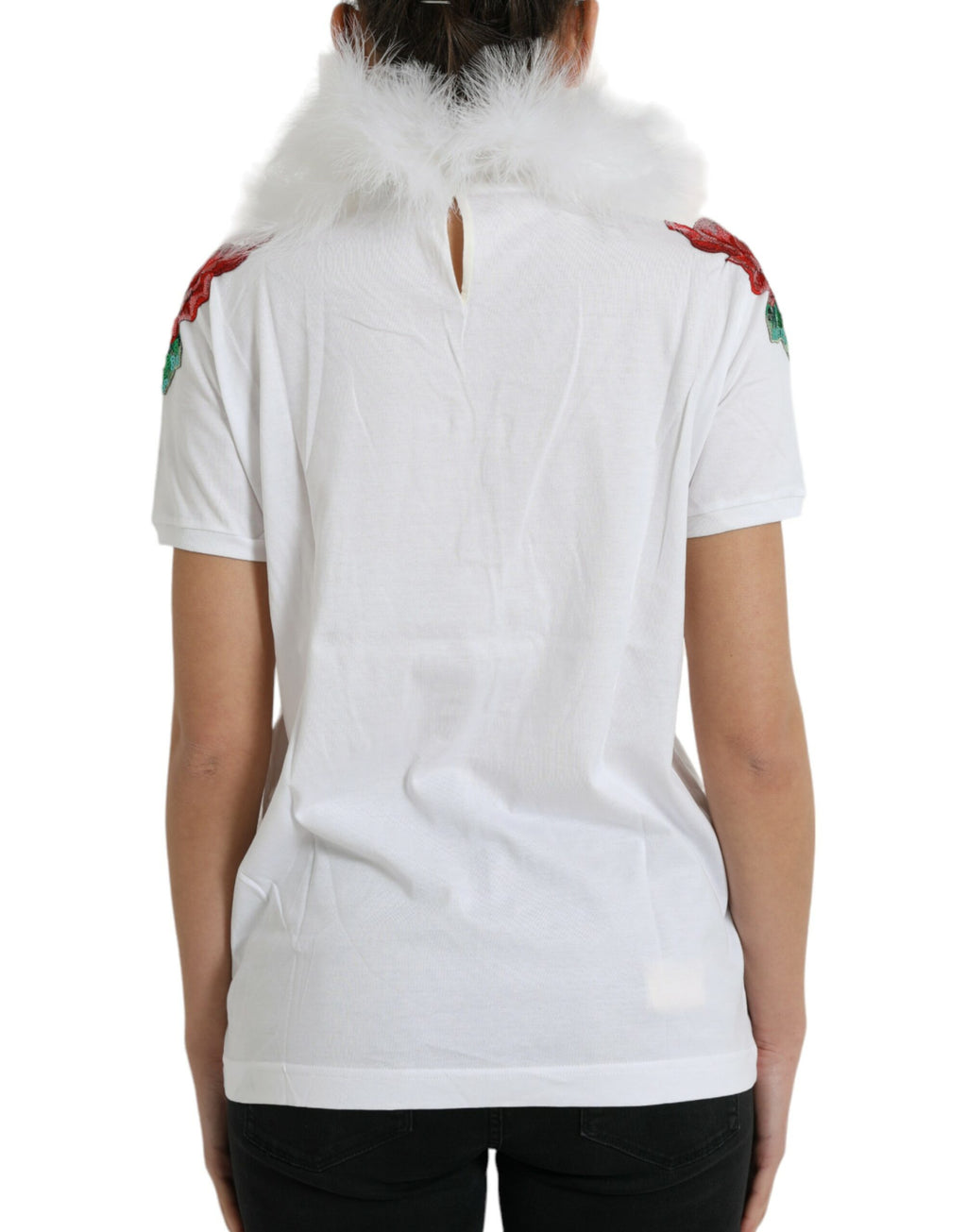 Weißes Weihnachts-T-Shirt aus Baumwolle mit Pailletten und Fellbesatz