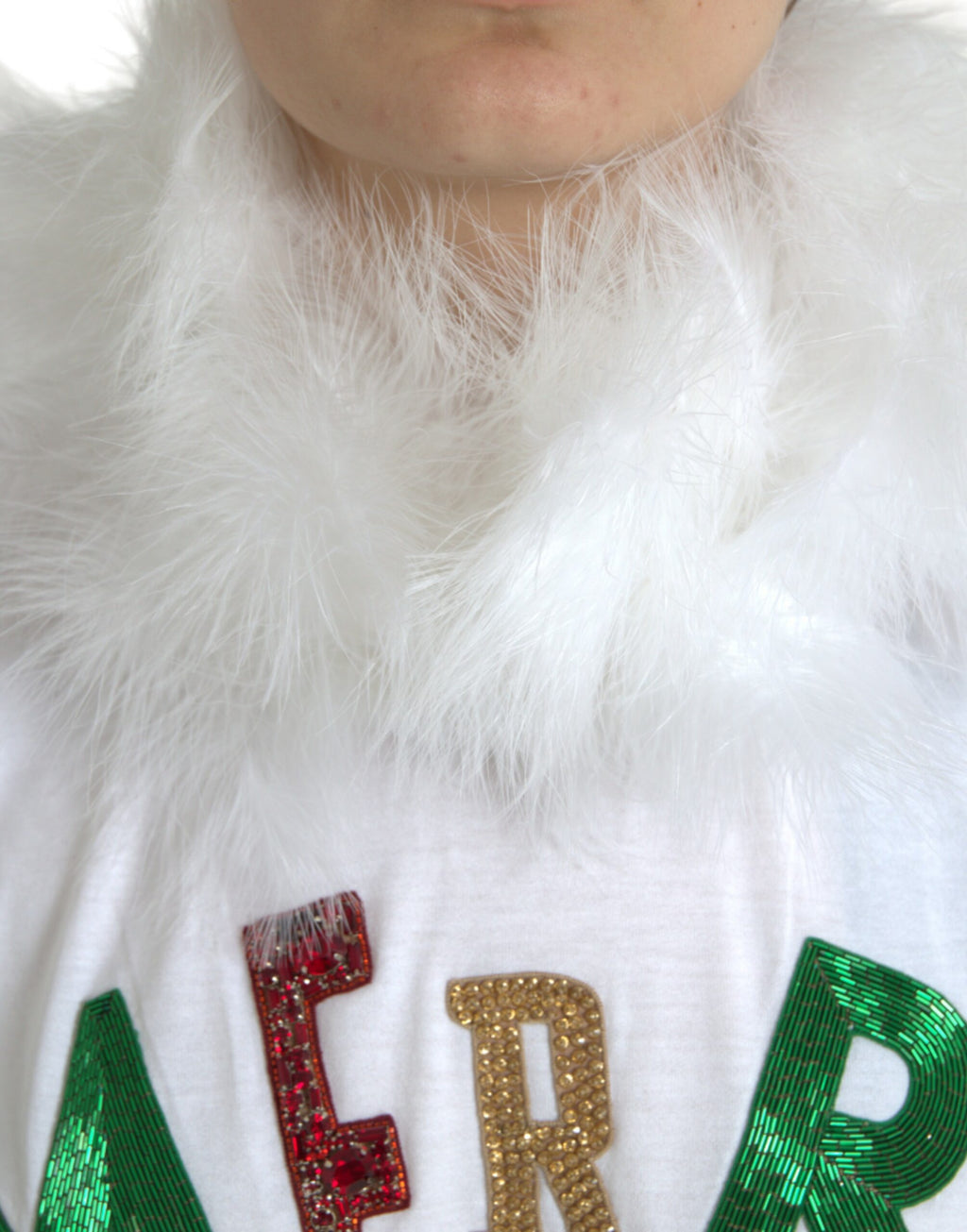 Weißes Weihnachts-T-Shirt aus Baumwolle mit Pailletten und Fellbesatz