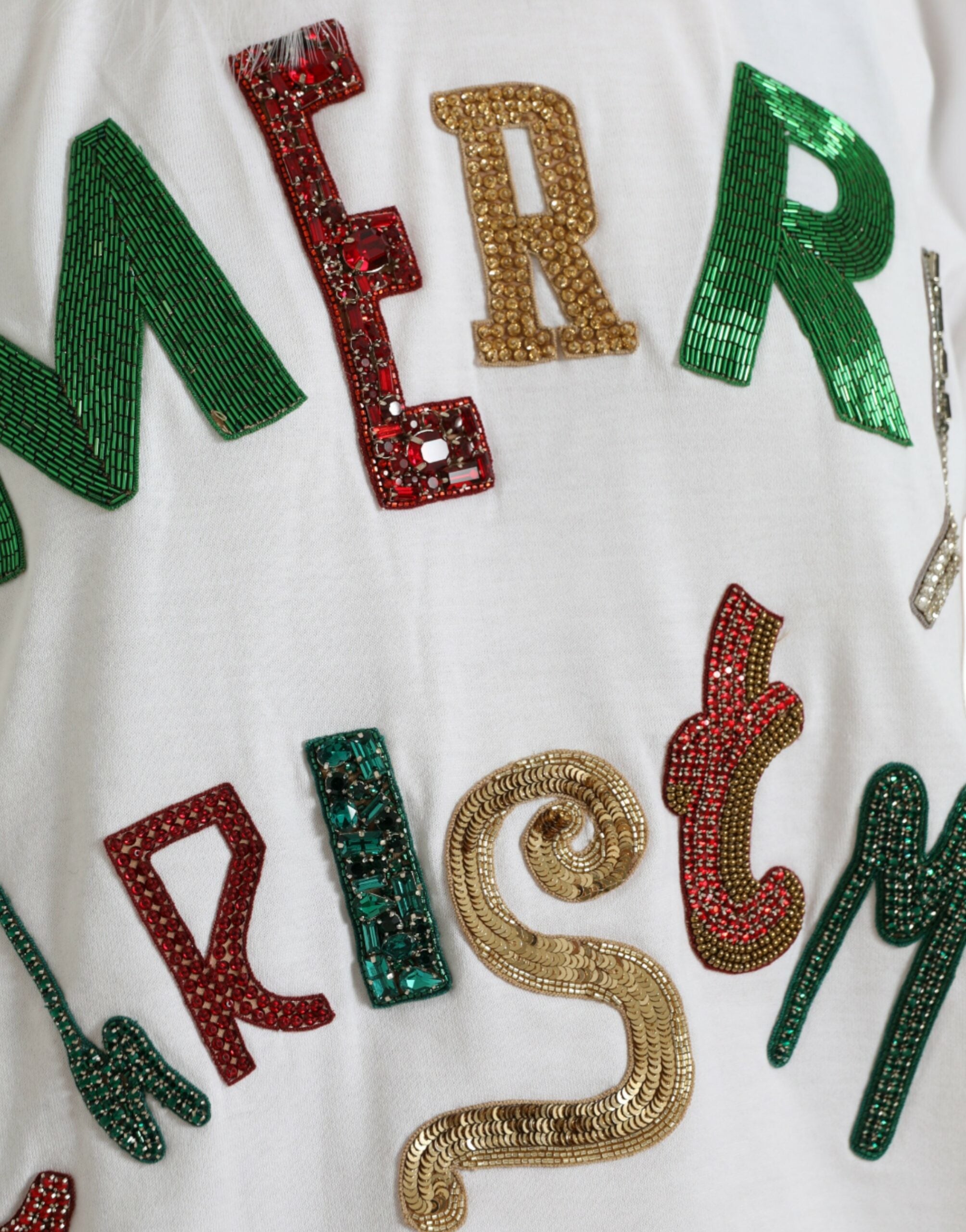 Weißes Weihnachts-T-Shirt aus Baumwolle mit Pailletten und Fellbesatz