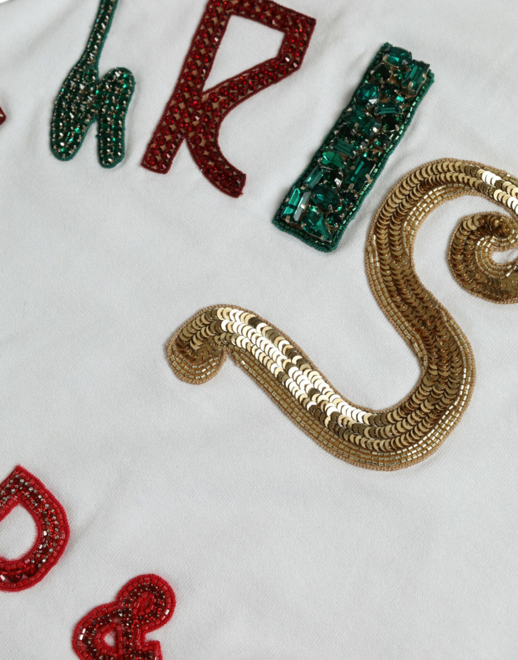 Weißes Weihnachts-T-Shirt aus Baumwolle mit Pailletten und Fellbesatz