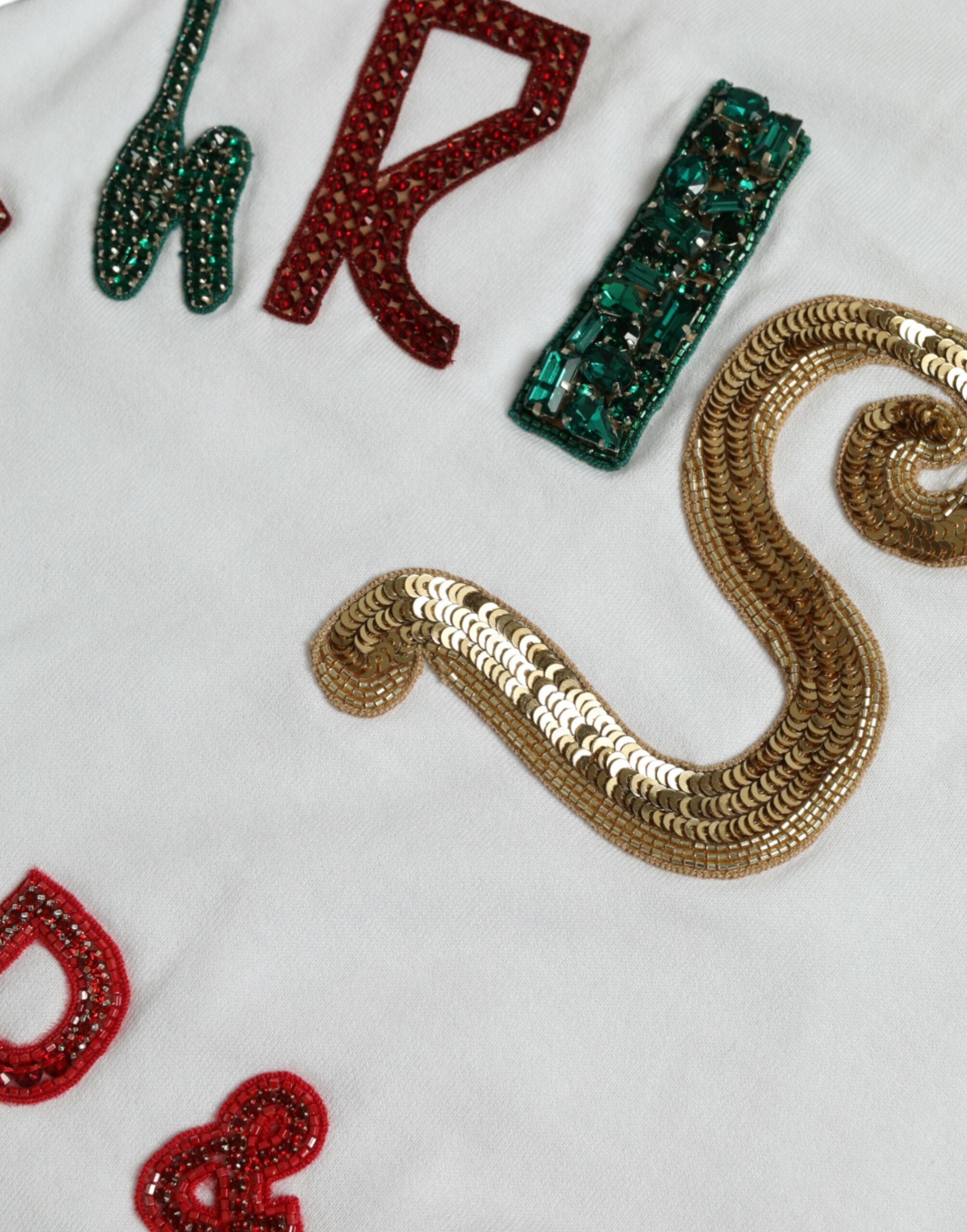 Weißes Weihnachts-T-Shirt aus Baumwolle mit Pailletten und Fellbesatz
