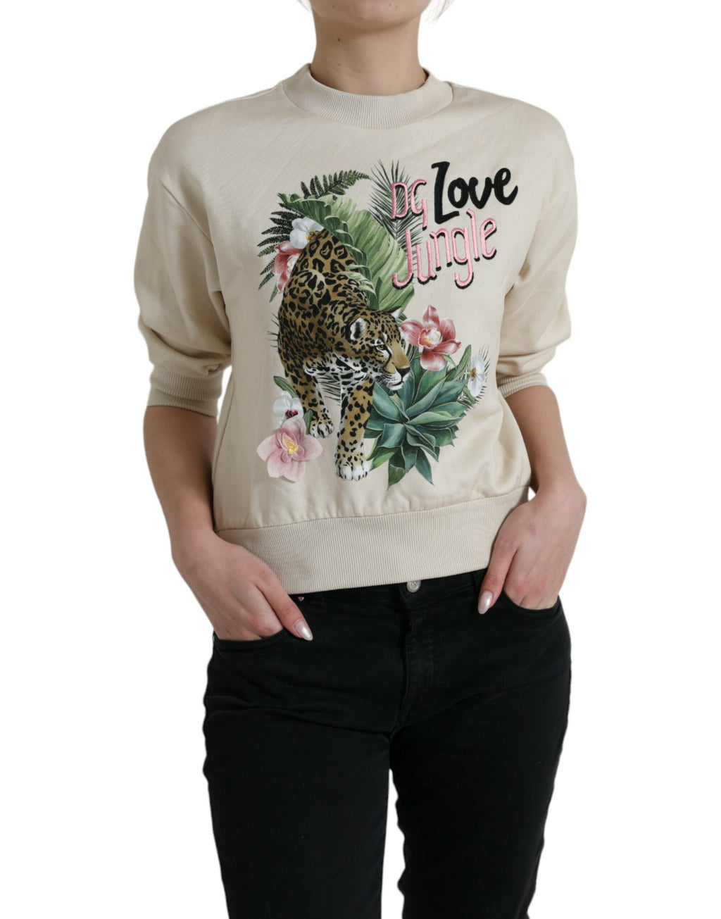 Beige Pullover aus Baumwolle mit Dschungelprint