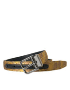 Cintura in pelle di capra dorata con jacquard, fibbia in metallo argentato