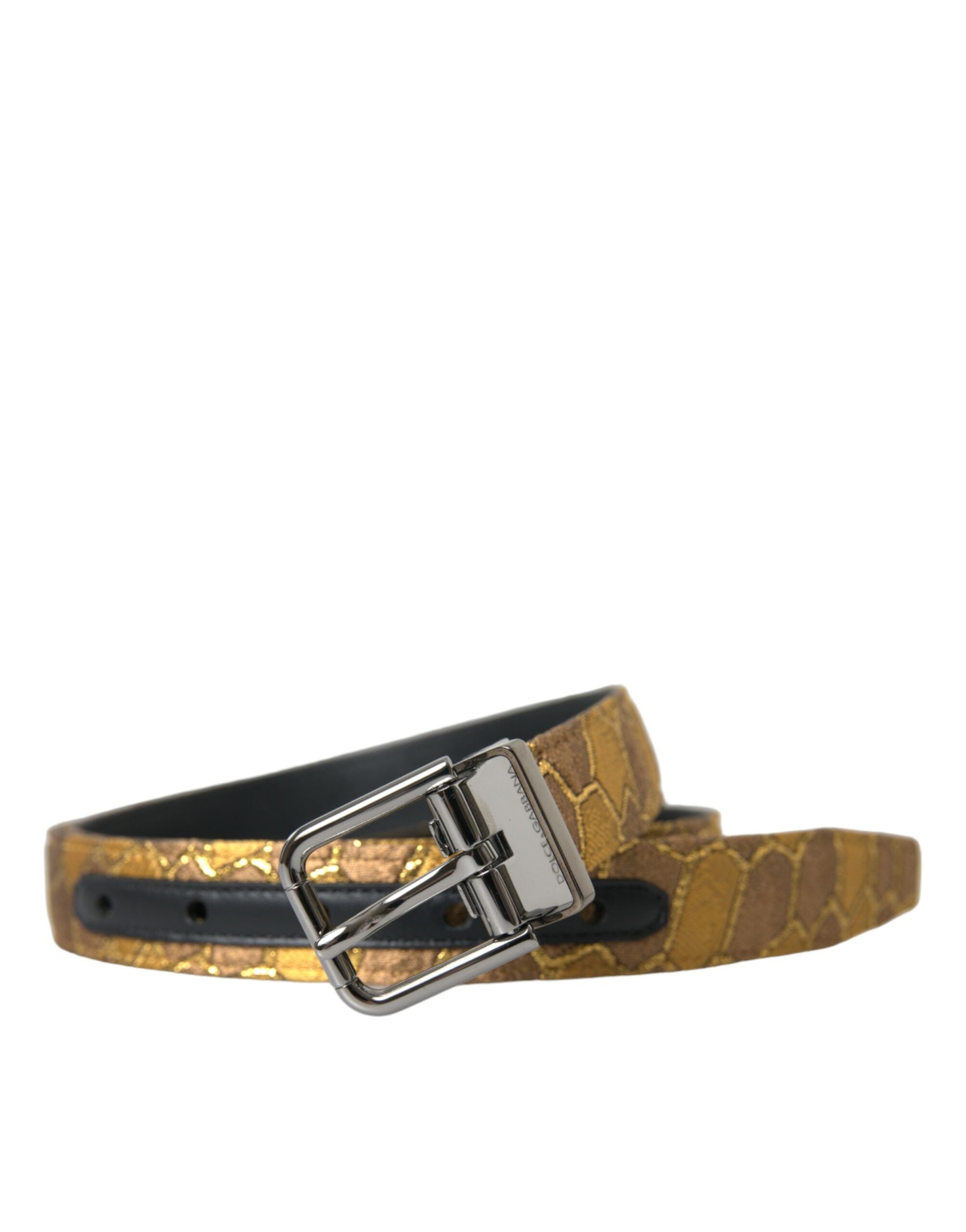 Cintura in pelle di capra dorata con jacquard, fibbia in metallo argentato