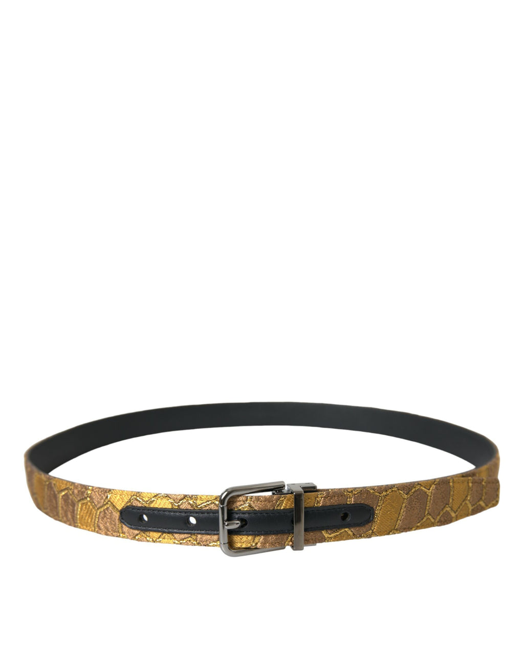 Cintura in pelle di capra dorata con jacquard, fibbia in metallo argentato