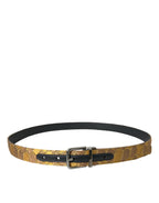 Cintura in pelle di capra dorata con jacquard, fibbia in metallo argentato