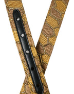 Cintura in pelle di capra dorata con jacquard, fibbia in metallo argentato