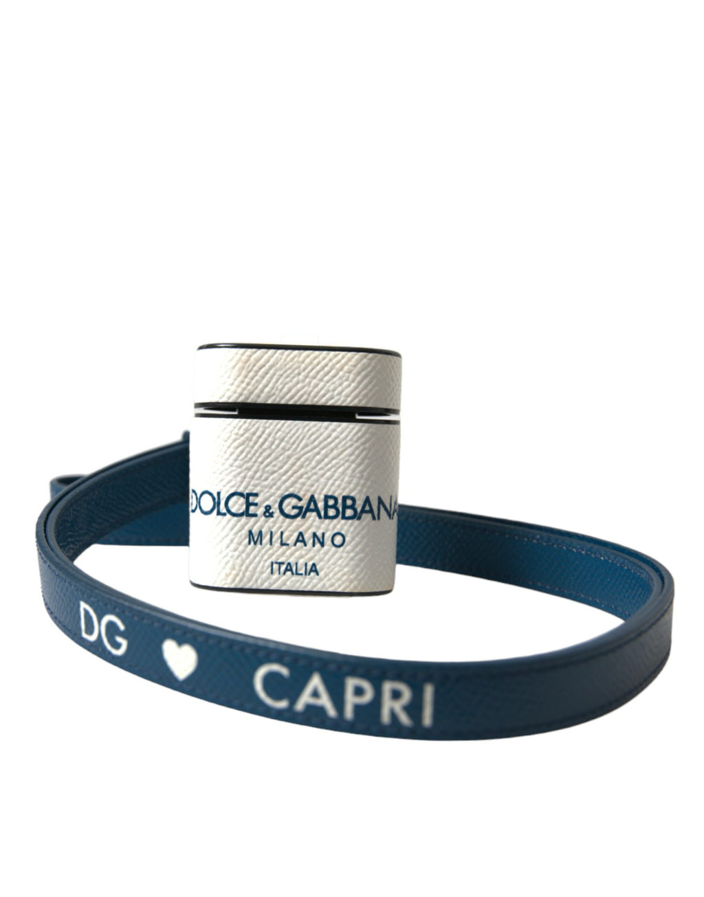Weißblaues Kalbsleder Airpods Case mit Logo-Print und Riemen