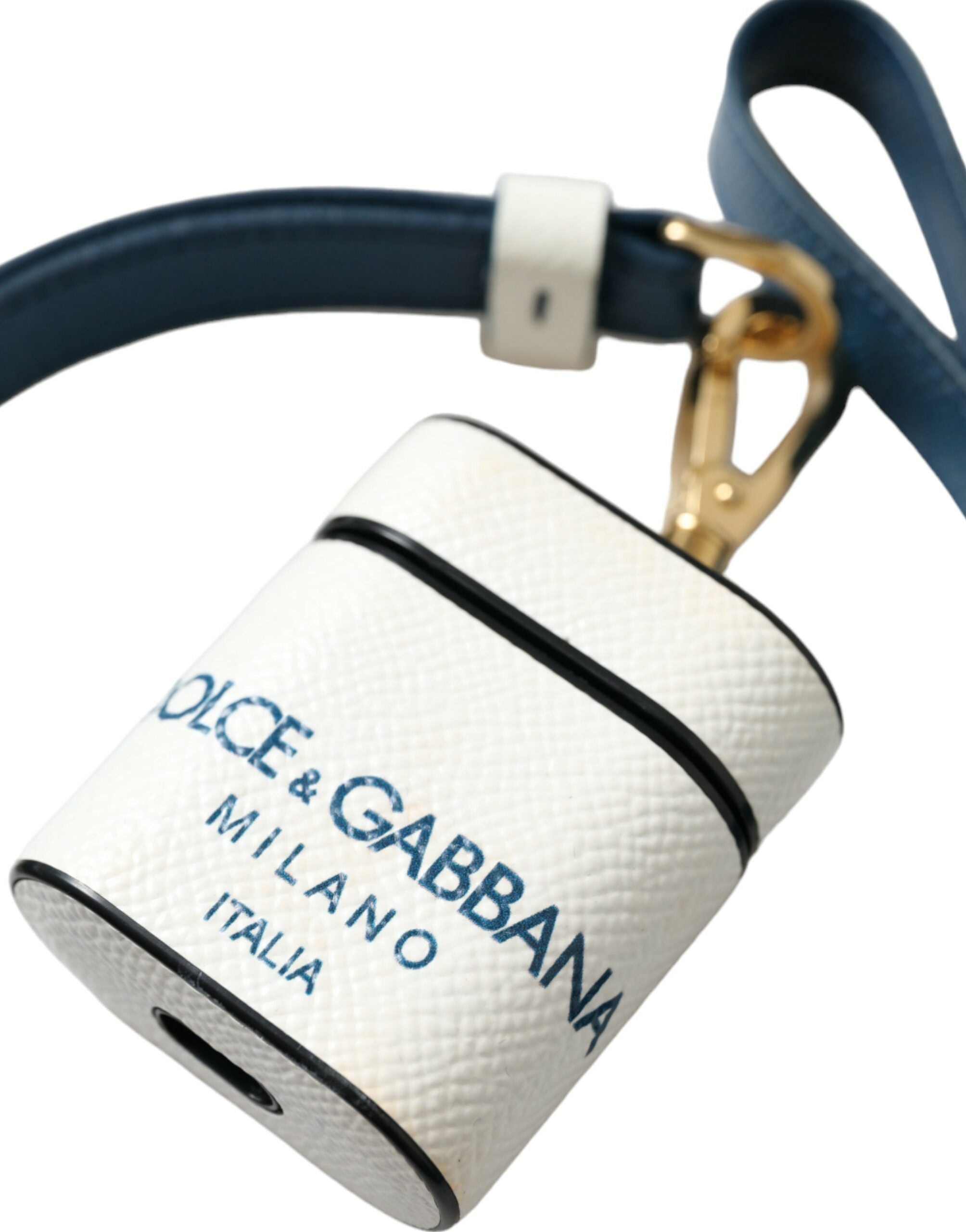 Weißblaues Kalbsleder Airpods Case mit Logo-Print und Riemen