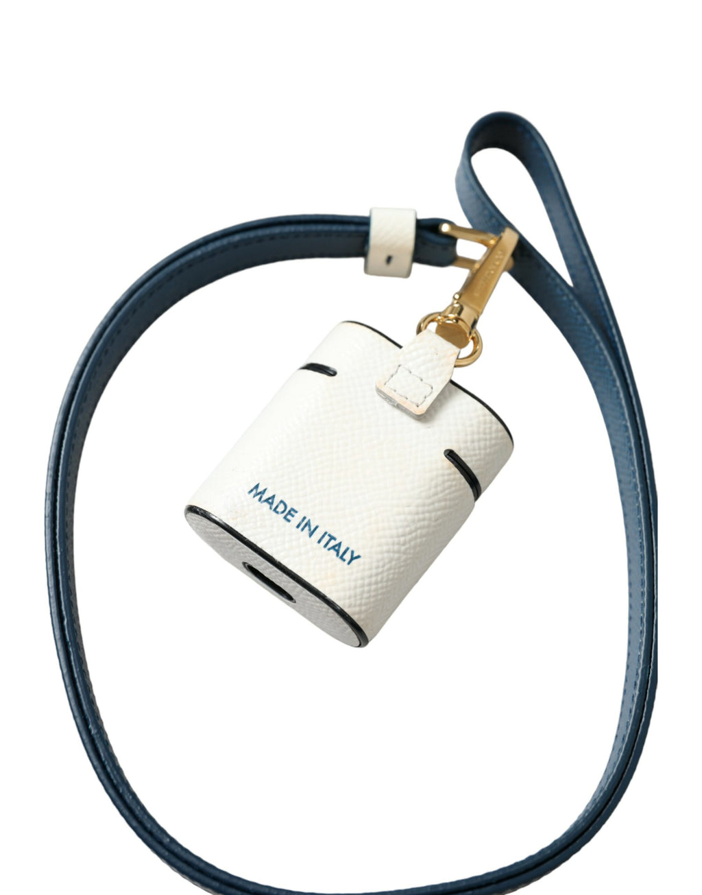 Weißblaues Kalbsleder Airpods Case mit Logo-Print und Riemen