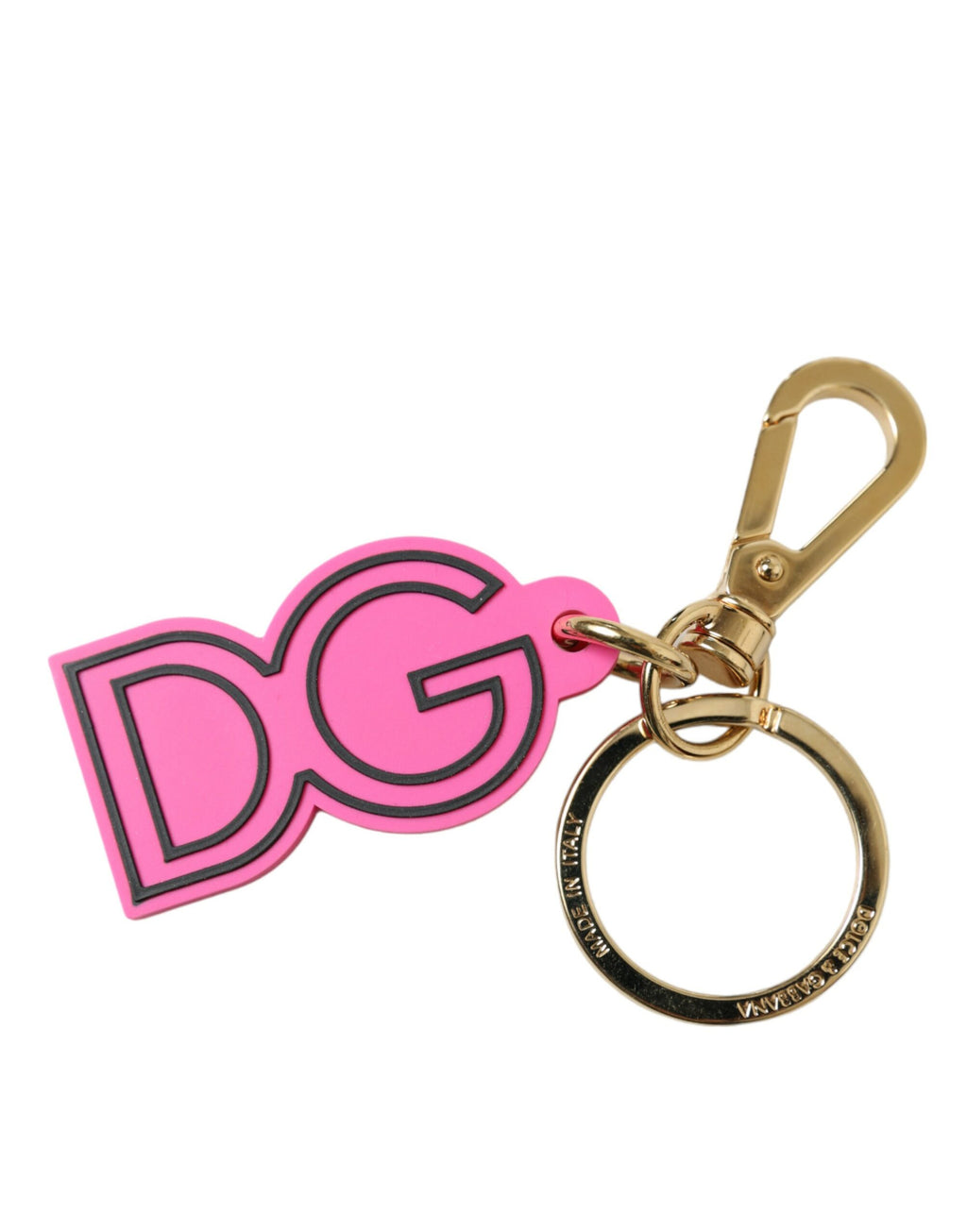 Pinker Schlüsselanhänger mit DG-Logo aus Gummi und goldfarbenem Metall