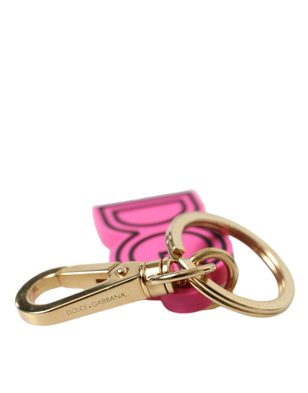 Pinker Schlüsselanhänger mit DG-Logo aus Gummi und goldfarbenem Metall