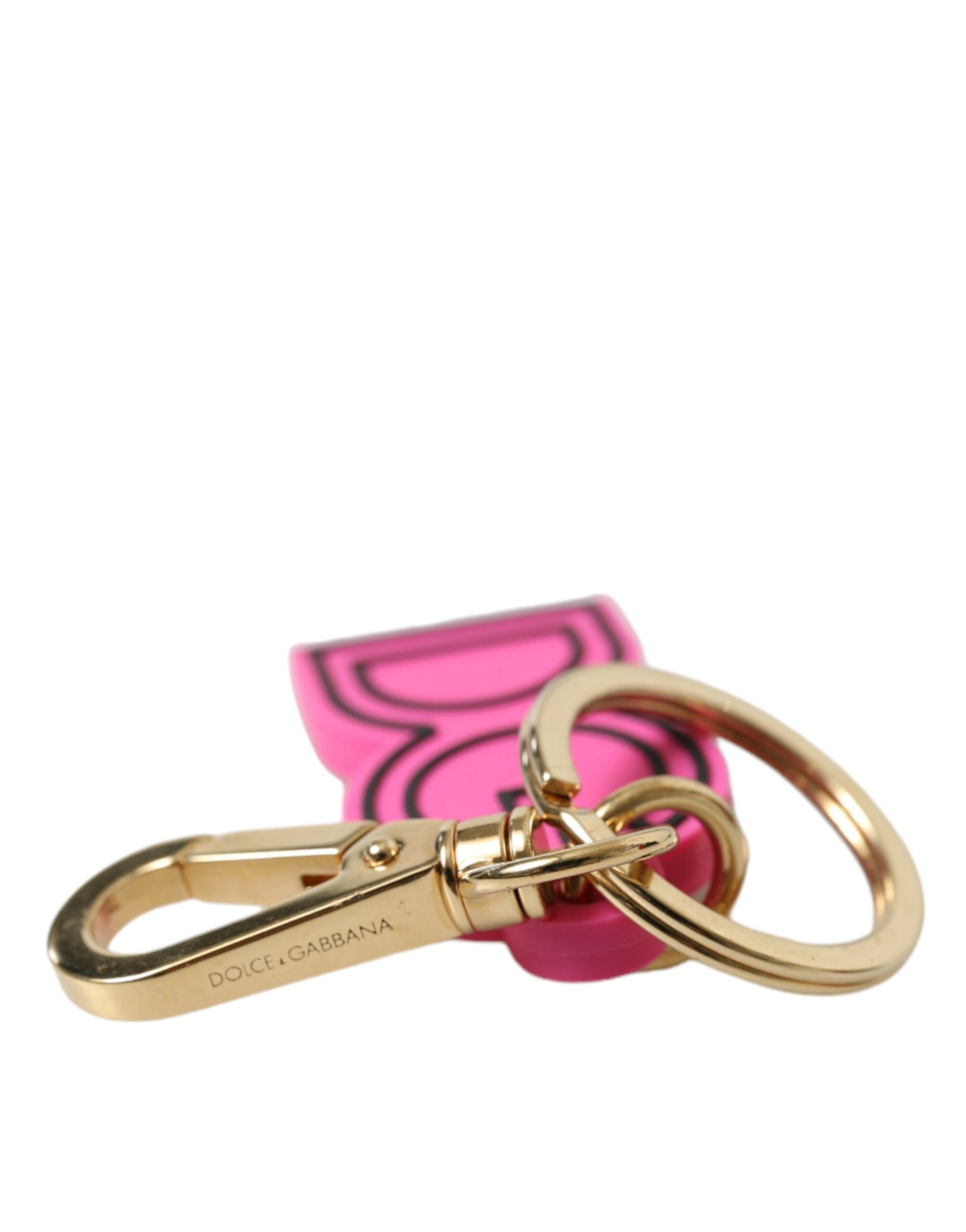 Pinker Schlüsselanhänger mit DG-Logo aus Gummi und goldfarbenem Metall