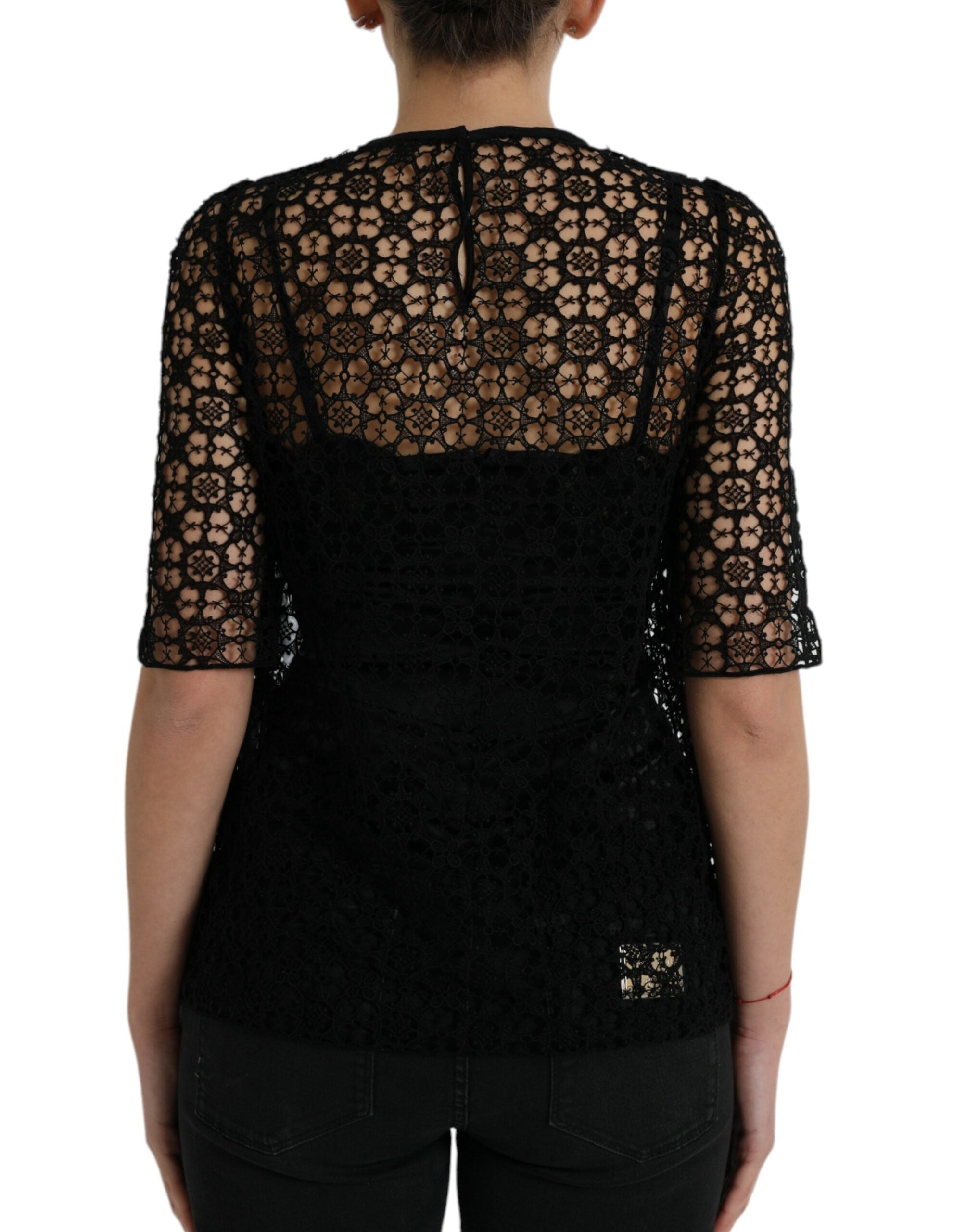 Schwarze Spitzenbluse mit kurzen Ärmeln und Blumenmuster