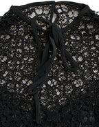 Schwarze Spitzenbluse mit kurzen Ärmeln und Blumenmuster