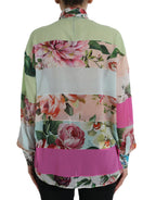 Mehrfarbiges Oberteil mit Blüten-Patchwork und Ascot-Kragen