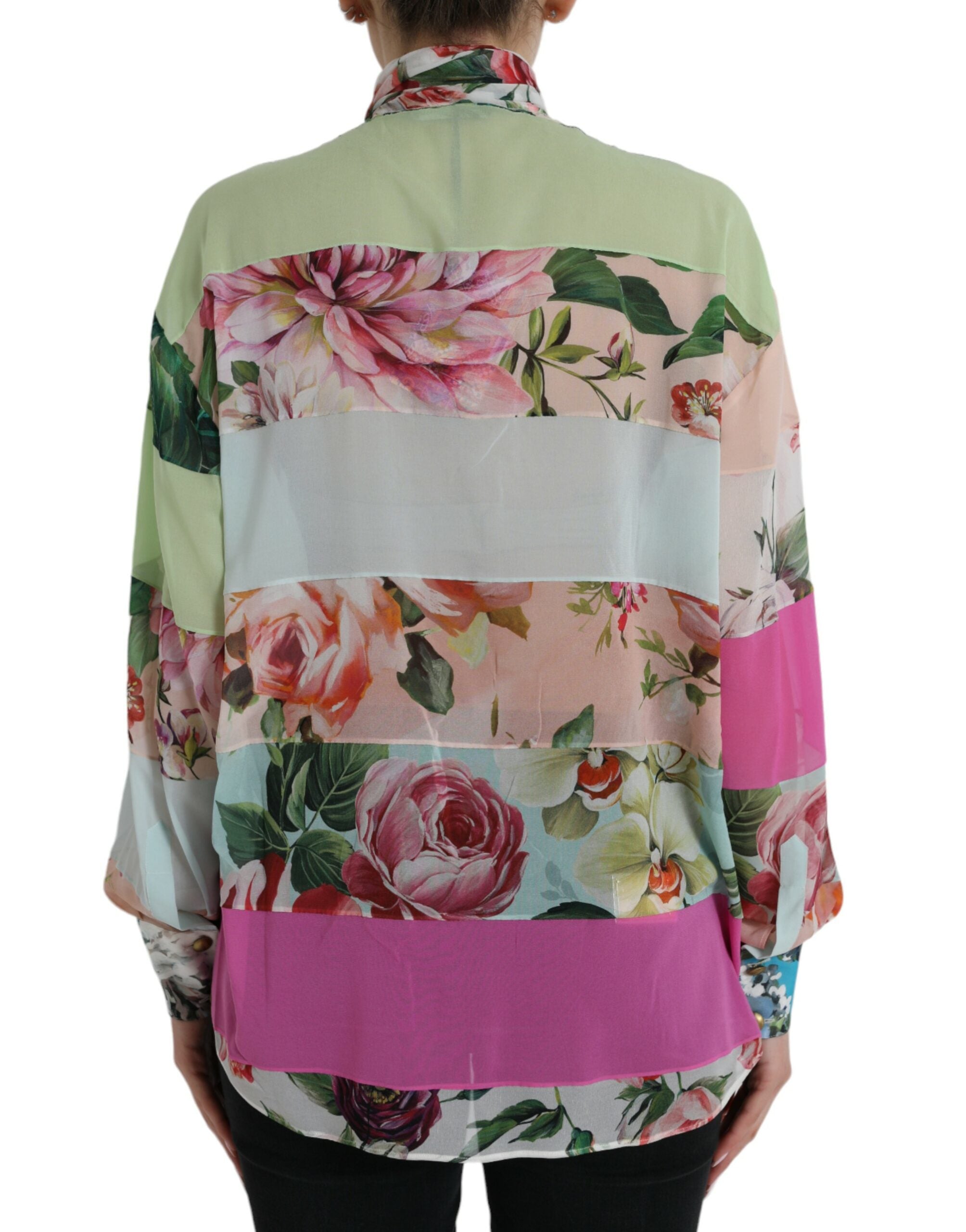 Mehrfarbiges Oberteil mit Blüten-Patchwork und Ascot-Kragen