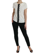 Off White Silk Lace Trim Short Sleeves Top