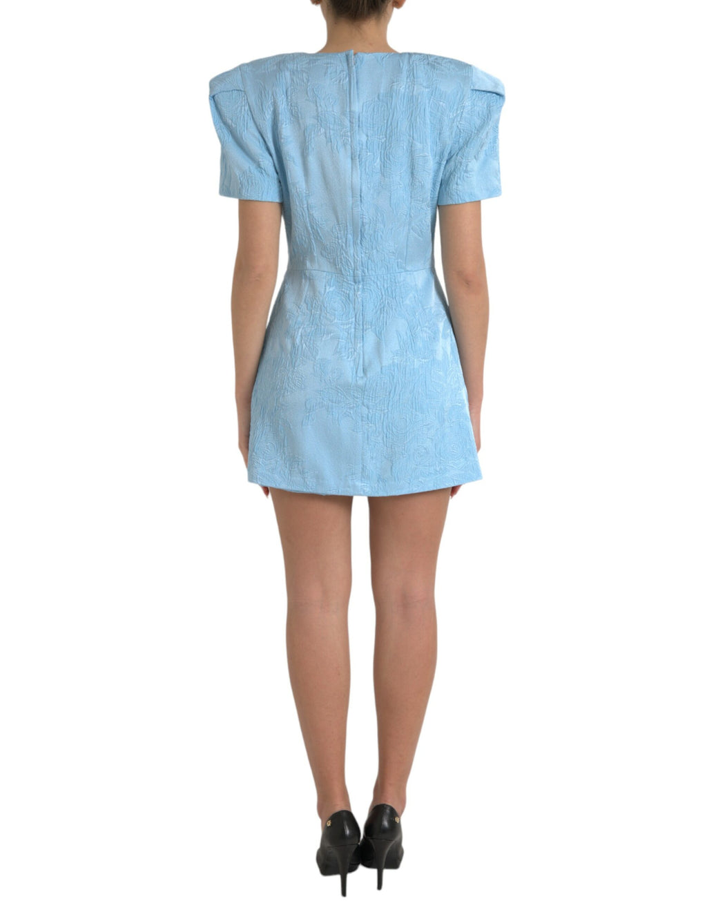Hellblaues Mini-Kleid aus floralem Jacquard mit Puffärmeln