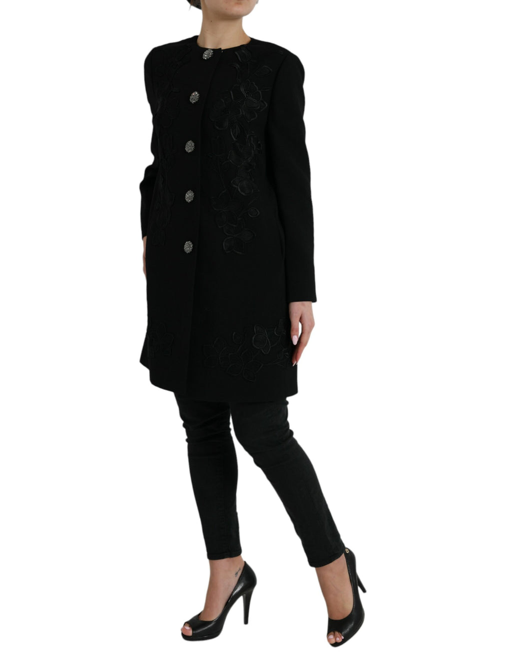 Schwarz blumengemusterte Wolljacke mit Knopfverzierungen