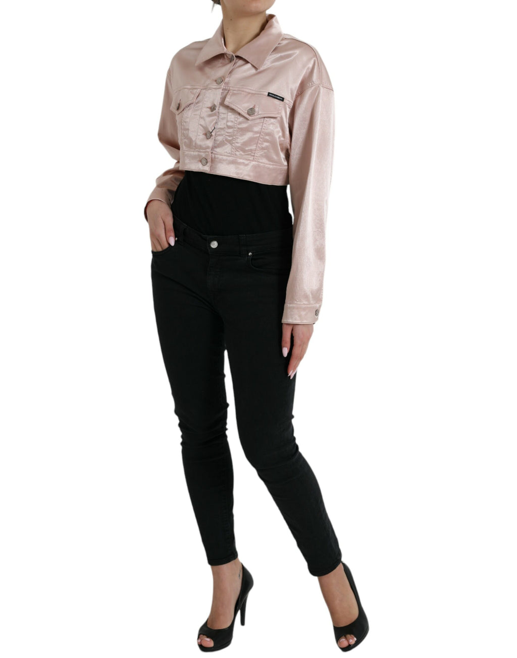 Rosa kurze Jacke aus Baumwoll-Stretch mit Kragen