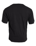 Schwarzes bedrucktes Baumwoll-T-Shirt mit Rundhalsausschnitt und Tasche