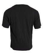 Schwarzes bedrucktes Baumwoll-T-Shirt mit Rundhalsausschnitt und Tasche