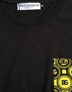 Schwarzes bedrucktes Baumwoll-T-Shirt mit Rundhalsausschnitt und Tasche