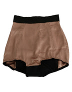 Beige Seiden-High-Waist-Mini-Hot-Pants-Shorts