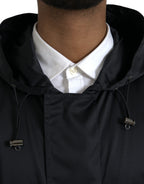 Schwarze Kapuzen-Langwindjacke aus Polyester