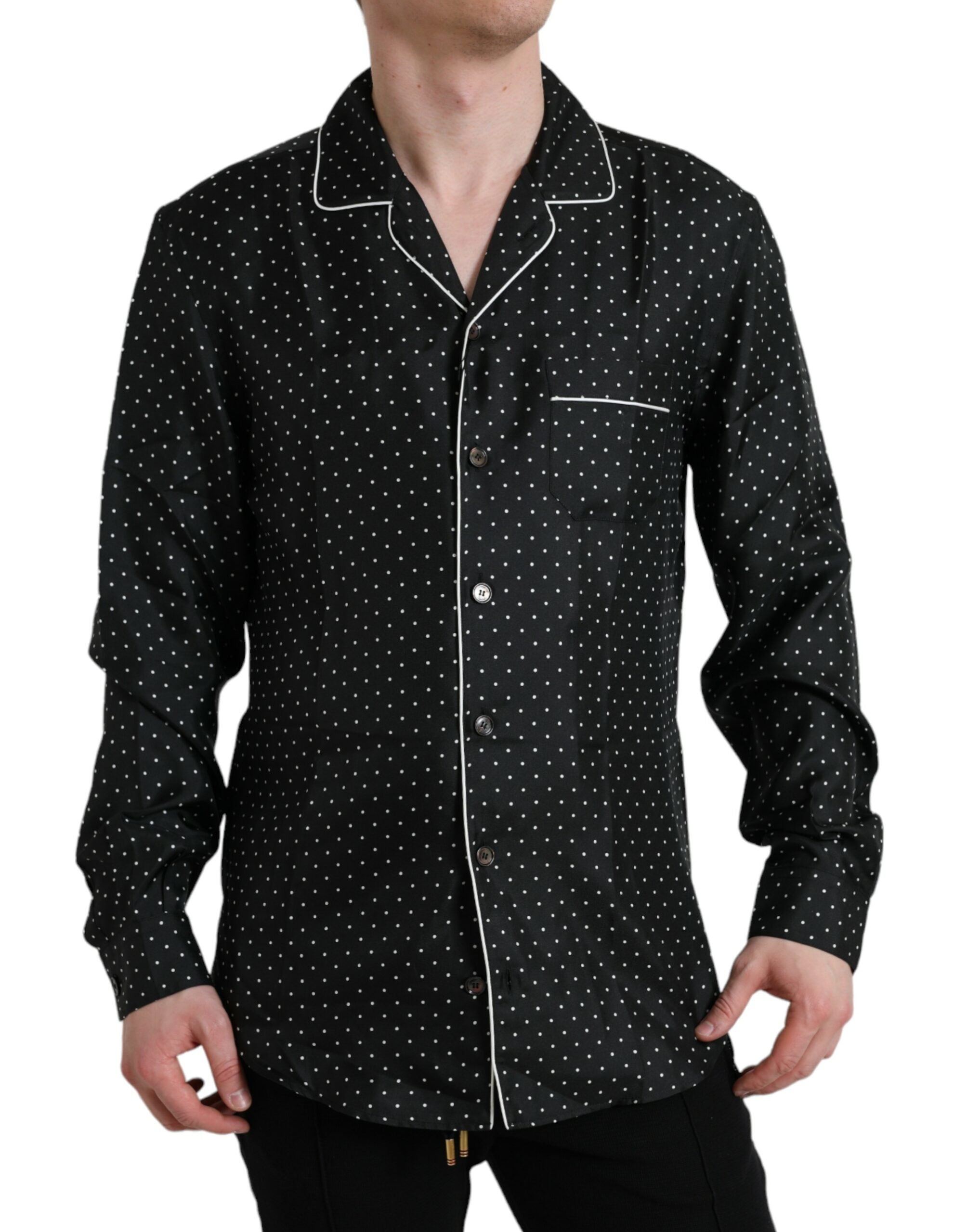 Camicia a maniche lunghe in seta a pois neri