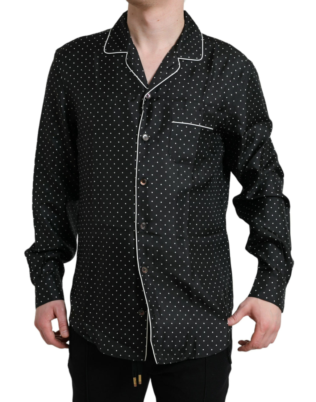Camicia a maniche lunghe in seta a pois neri