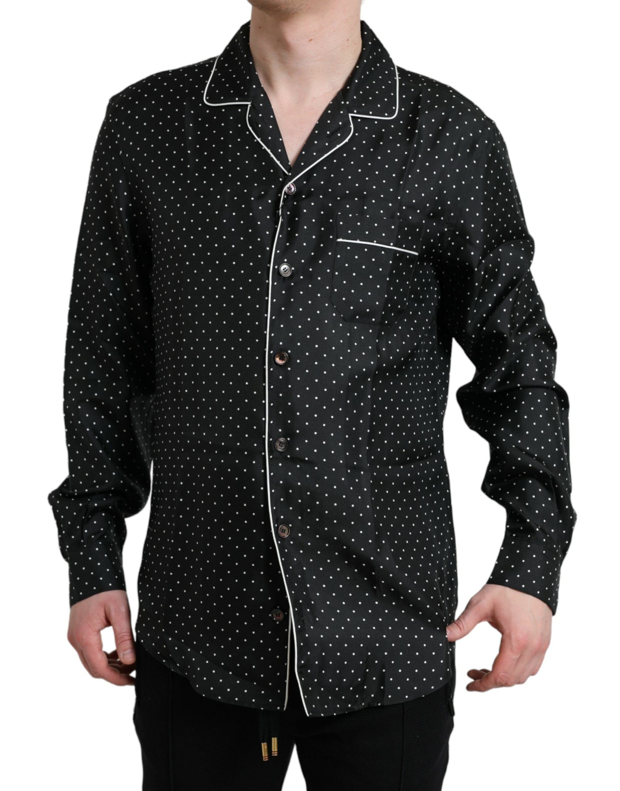 Camicia a maniche lunghe in seta a pois neri