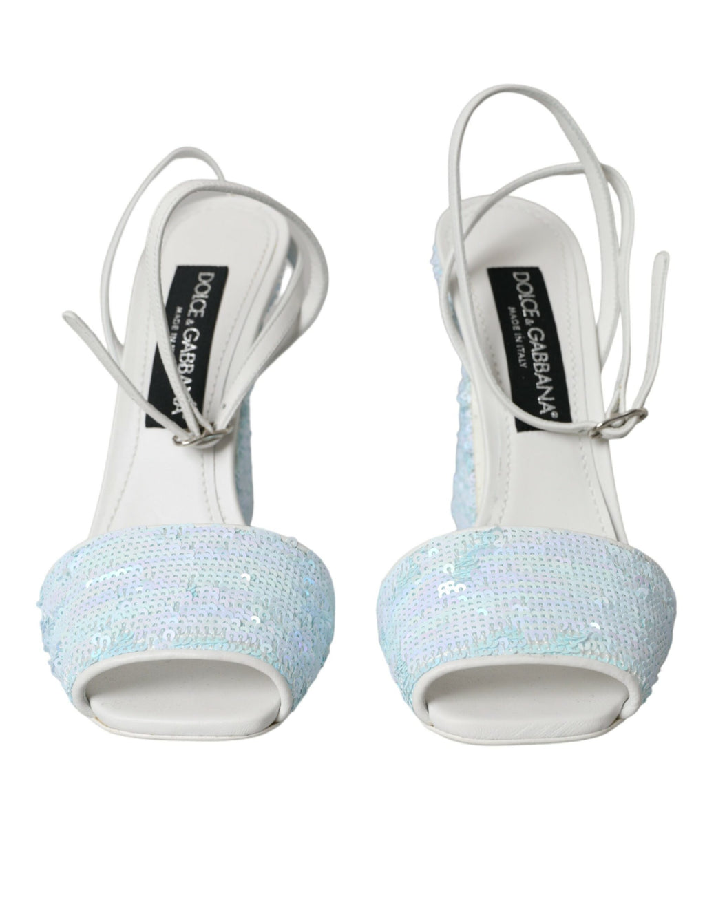 Hellblaue Pailletten-Sandalen mit Knöchelriemen