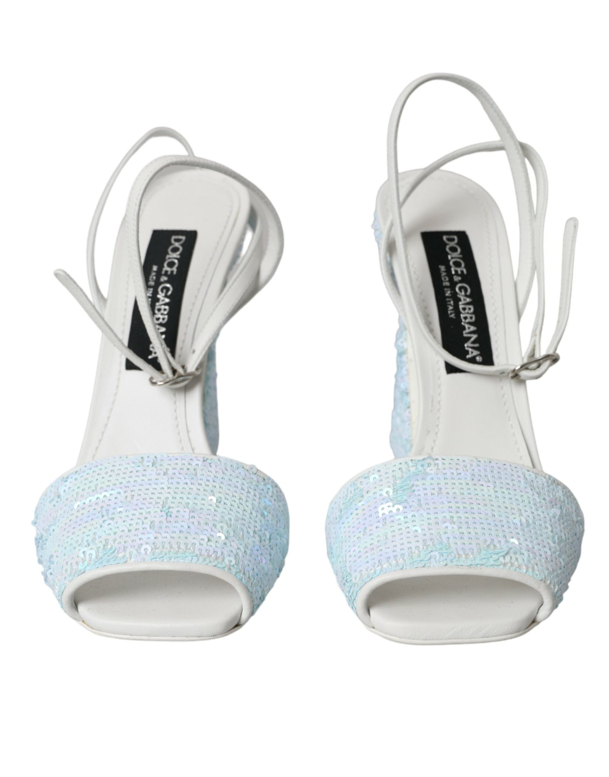 Hellblaue Pailletten-Sandalen mit Knöchelriemen