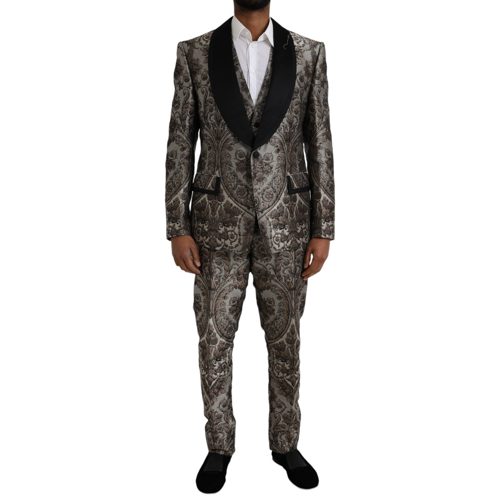 Brauner, geblümter Jacquard-Anzug, dreiteilig, festlich