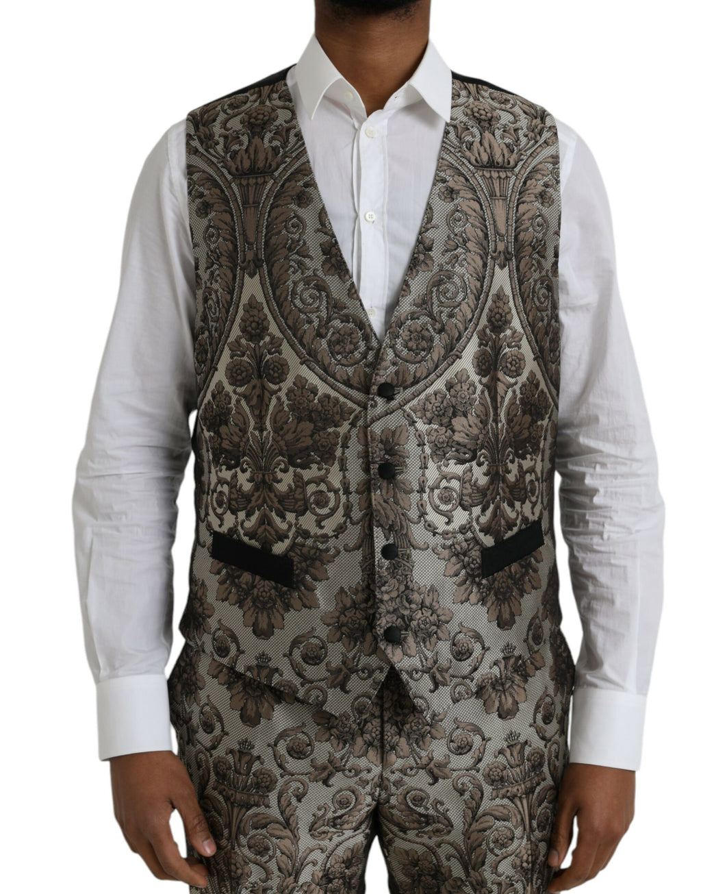 Brauner, geblümter Jacquard-Anzug, dreiteilig, festlich