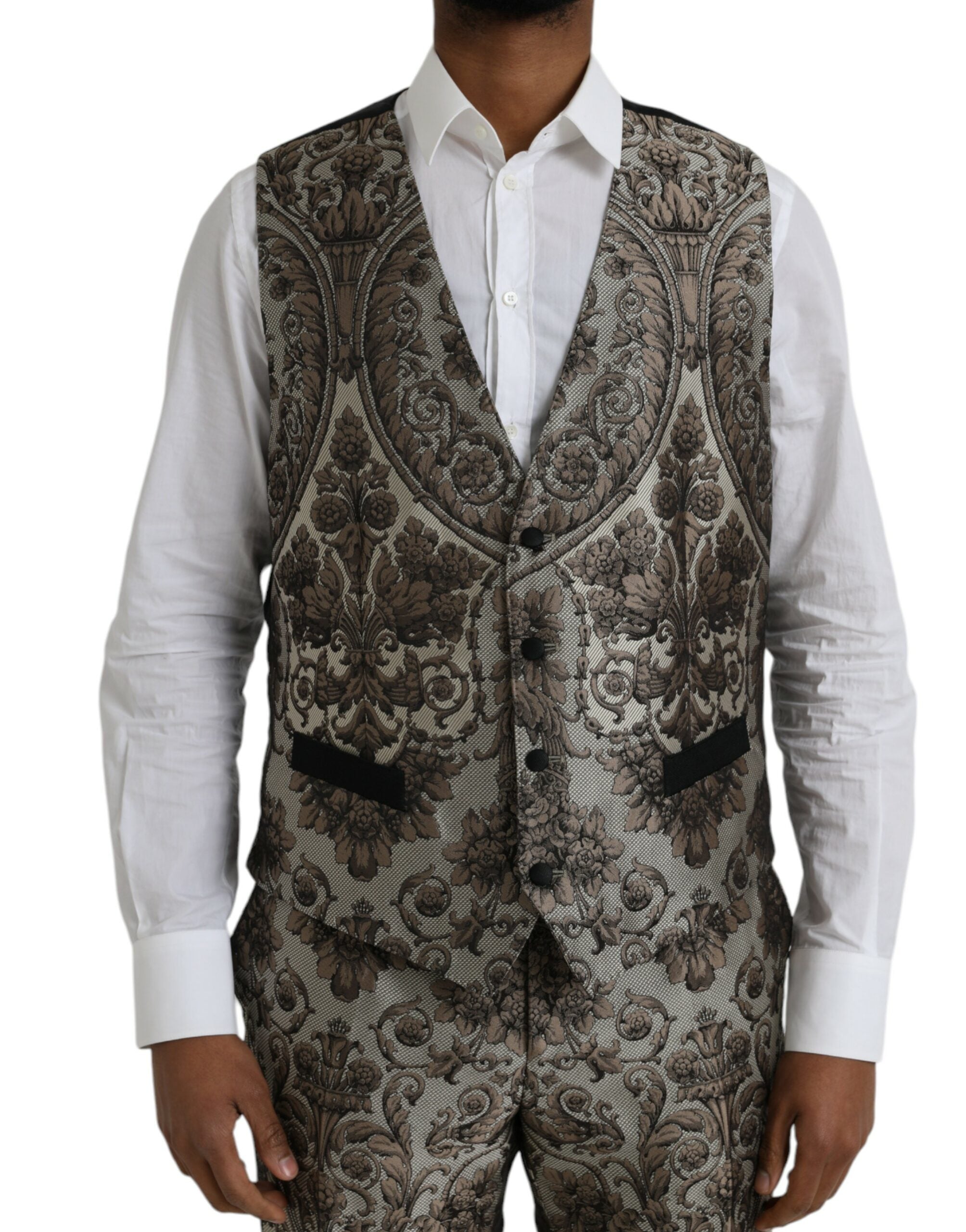 Brauner, geblümter Jacquard-Anzug, dreiteilig, festlich