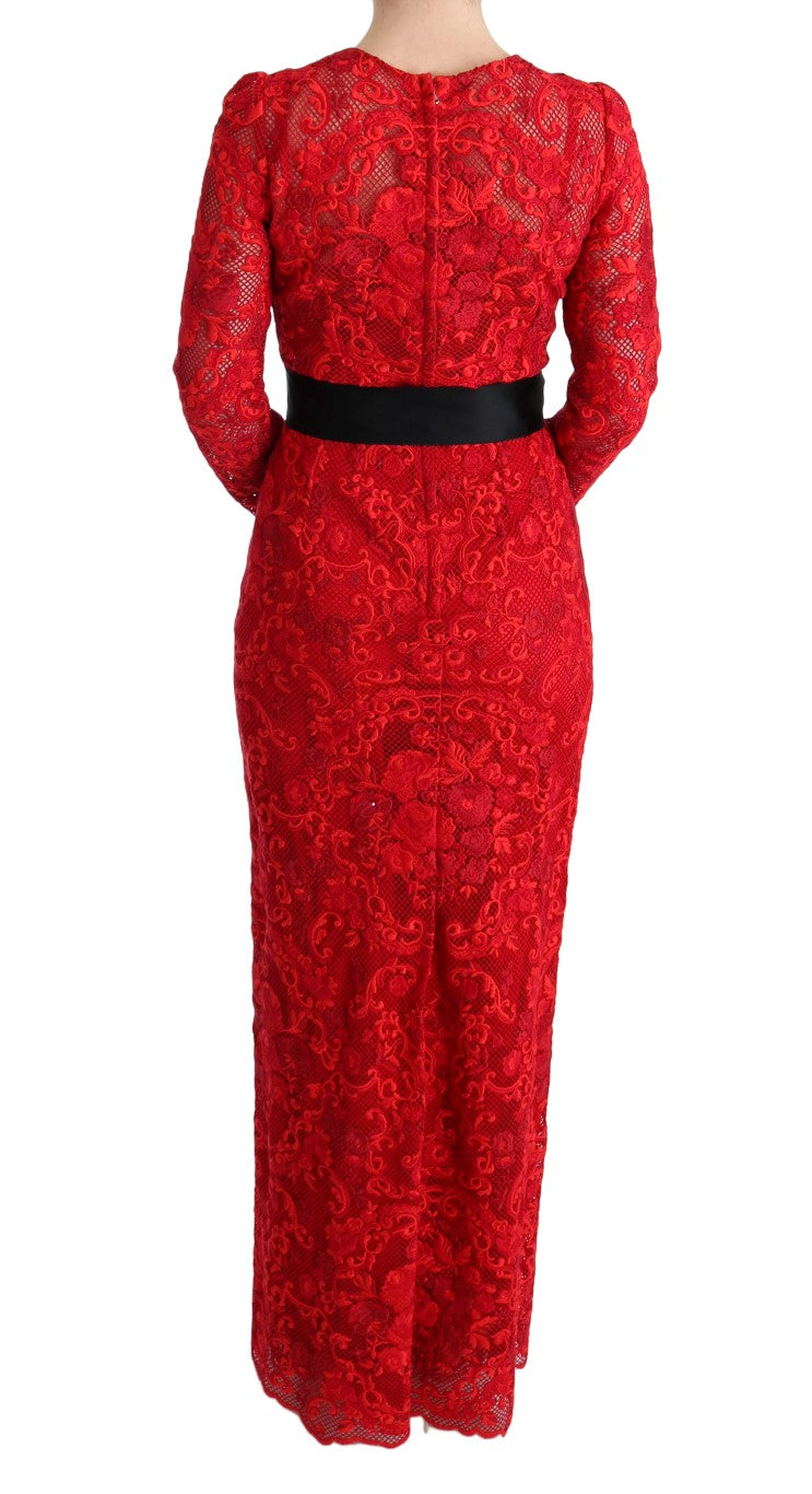Rotes florales besticktes Etui-Maxikleid
