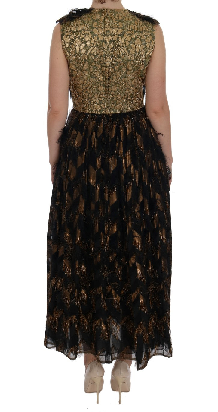 Schwarzes Seiden-A-Linien-Kleid mit braunen Fransen