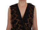 Schwarzes Seiden-A-Linien-Kleid mit braunen Fransen